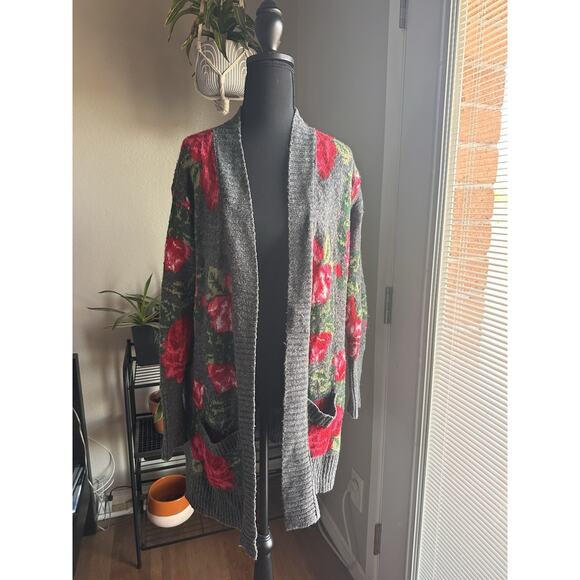 Aeropostale Wmns Sz S Rose Graphic Long Cardigan Sweater Buttons Cottagecore - Picture 1 of 13